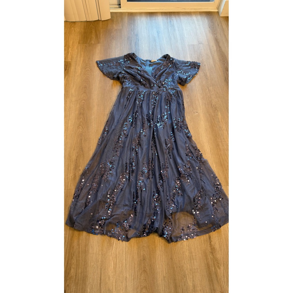 Pinup Fashion Blue Sequin Mesh Maxi Dress Plus Size 18W Flutter Sleeve V-Neck